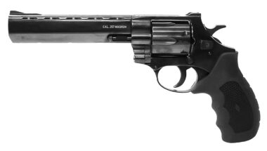 Weihrauch Guns 770134 Windicator 357 Mag 6rd 6" Blued Steel Barrel, Cylinder & Frame, Ramp Front/Fixed Rear Sights, Exposed Hammer, Finger Grooved Black Rubber Grip