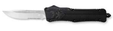 CobraTec Knives LBCTK1LDS CTK-1  Large 3.75" OTF Drop Point Part Serrated D2 Steel Blade/ Black Aluminum Handle Features Glass Breaker Includes Pocket Clip