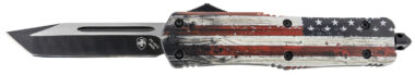 Templar Knife LWUS231 Gen II Wood US Flag Large 3.50" OTF Tanto Plain Black Oxide Stonewashed 440C SS Blade, 5.25" Painted Wood Grain US Flag Aluminum Handle, Glass Breaker