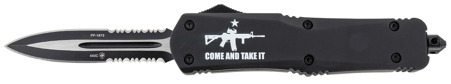 Templar Knife LAR15431 Gen II Come And Take It Large 3.50" OTF Dagger Part Serrated Black Oxide Stonewashed 440C SS Blade, 5.25" Black w/ "Come And Take It" AR-15 Gun Aluminum Handle, Glass Breaker