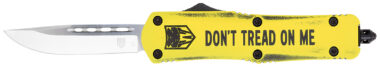 CobraTec Knives MDTOMFS3DNS FS-3 Don't Tread On Me Medium 3" OTF Drop Point Plain D2 Steel Blade Yellow w/"Don't Tread On Me" Aluminum Cerakoted Handle Features Glass Breaker Includes Pocket Clip