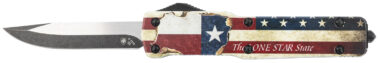 Templar Knife MZTX321 Premium Weighted Texan Slim 3.16" OTF Drop Point Plain Black Oxide Stonewashed D2 Steel Blade, 4.93" Red/White/Blue w/"The LONE STAR State" Aluminum Zinc Alloy Handle