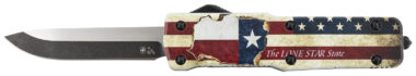 Templar Knife SZTX321 Premium Weighted Texan Small 3" OTF Drop Point Plain Black Oxide Stonewashed D2 Steel Blade, 4.50" Red/White/Blue w/"The LONE STAR State" Aluminum Zinc Alloy Handle