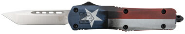 CobraTec Knives MCTXFS3TNS FS-3 Texas Flag Medium 3" OTF Tanto Plain Satin D2 Steel Blade, 5" Texas Flag Aluminum Cerakoted Handle