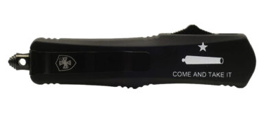Templar Knife LCATII531 Gen II Come And Take It Small 2.69" OTF Tanto Part Serrated Black Oxide 440C SS Blade, 4.31" Black "Come And Take It" w/Cannon Aluminum Handle, Glass Breaker