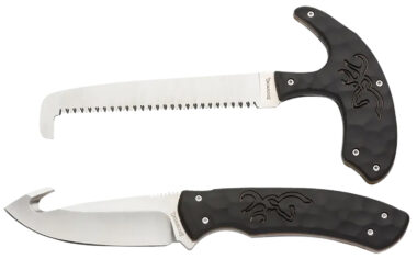 Browning 3220420 Primal Combo  3.75"/5.25" Fixed Drop Point Gut Hook/Skinner, Saw 8Cr13MoV SS Blade, Black Polymer w/Rubber Overmold & Finger Grooves Handle, 2 Piece Set, Includes Sheath