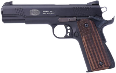 Mauser Rimfire 4110608 1911  22 LR 10+1 5" Black Steel Barrel, Black Serrated Aluminum Slide, Black Aluminum Frame w/Beavertail, Molded Wood Flag Grip, Ambidextrous