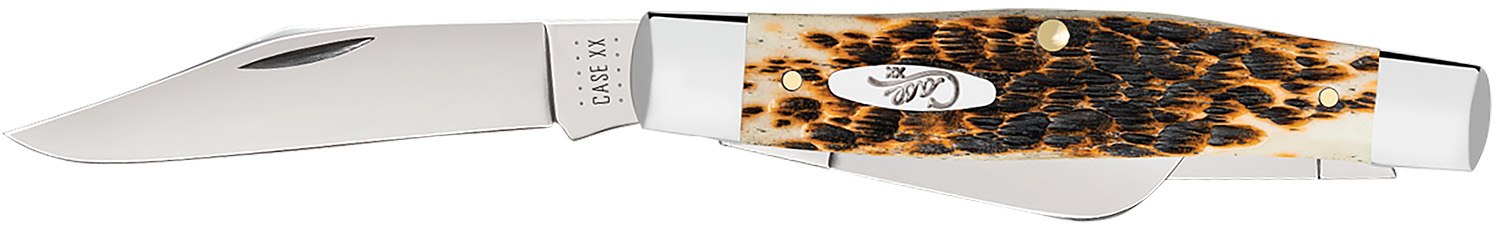 Case 00204 Stockman Large 3.30"/2.30"/2.20" Folding Clip Point/Pen/Sheepsfoot Plain Mirror Polished Carbon Steel Blade, Peach Seed Jigged Amber Bone Handle