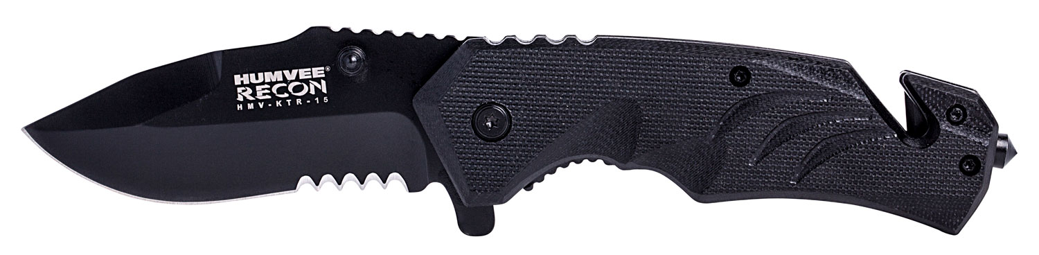 Humvee Adventure Gear HMVKTR15 Tactical Recon 3" Folding Drop Point Part Serrated Black Stainless Steel Blade/Black Textured Features Glass Breaker/Seat Belt Cutter Includes Pocket Clip