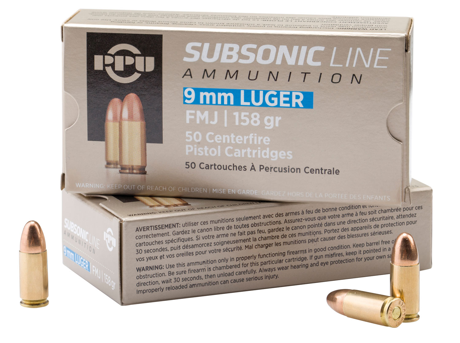 PPU PPS9MM Subsonic 9mmLuger Subsonic 158gr Full Metal Jacket 50 Per Box/20 Case