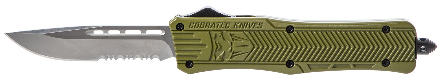 CobraTec Knives MODCTK1MDS CTK-1 Medium 3" OTF Drop Point Part Serrated D2 Steel Blade/OD Green Aluminum Handle Features Glass Breaker Includes Pocket Clip