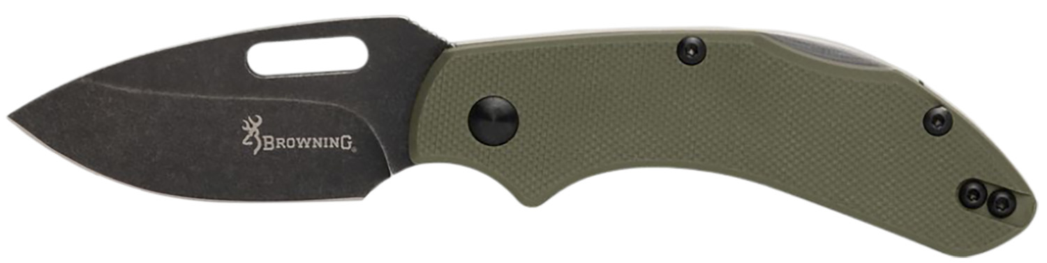 Browning 3220504 Hidden Hollow EDC Small 2.25" Folding Drop Point Plain Black Oxide Stonewashed D2 Steel Blade, OD Green G10 Handle