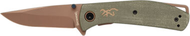 Browning 3220516 Trailside  EDC Small 3" Folding Modified Drop Point Plain Titanium Finish D2 Steel Blade, Green Micarta Handle