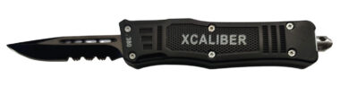 Xcaliber Knife Company  380 ACP  Small 2.75" OTF Part Serrated Black 440C SS Blade, 3.91" Steel Handle