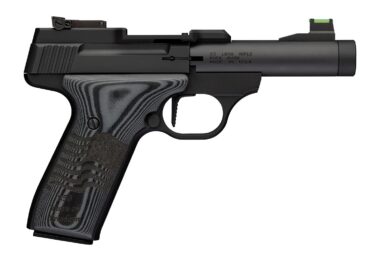 Browning 051611490 Buck Mark Black Label 250 SR 22 LR 10+1 4" Matte Black Bull Threaded Barrel, Optics Cut Receiver, Matte Black Aluminum Frame,  Black G10 Grip w/ Inscribed Waving Flag, RMSc Footprin
