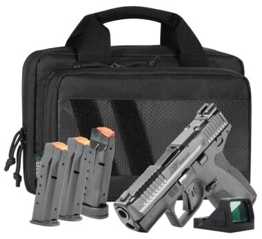 Smith & Wesson 14955 M&P9 Shield X Bundle Sub-Compact 9mm Luger 15+1 3.60" Black Armornite Target Crown Barrel, Black Armornite Stainless Steel Serrated w/Optic Slide, Black Polymer Frame w/Picatinny